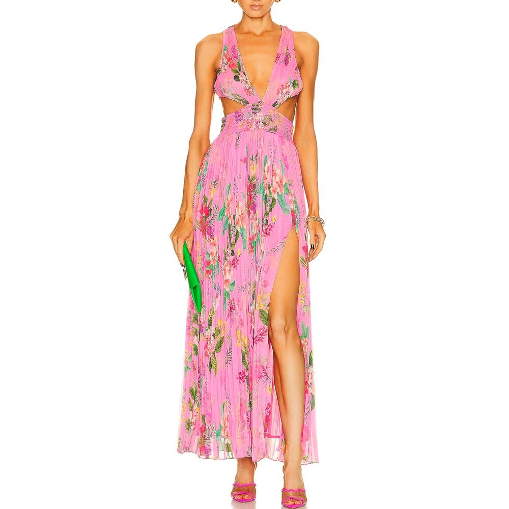 Rococo Sand Rue Cutout Slit Plunge Deep V-Neck Floral Maxi Dress Pink Size XS